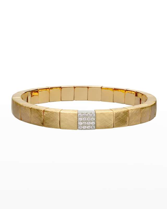 Matte Yellow Gold Scacco Stretch Bracelet with One Diamond Section
